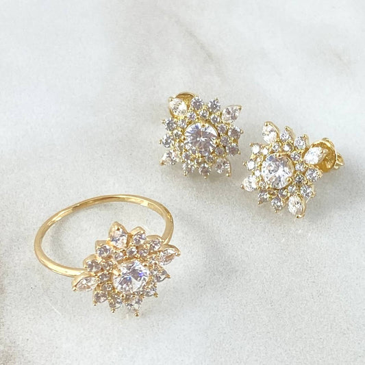 Set Flor Estrellada - Topos 1.2cm - Anillo T5 5gr - Circones Blancos Nac.Esp. Oro 18K *
