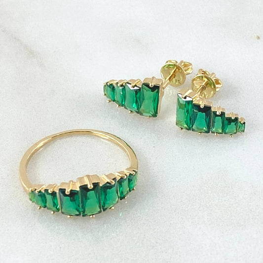 Set Linea Escalonada - Topos 1.1cm - Anillo T5 3/4 3.2gr Circones Verdes Nac.Esp. Oro 18K ©