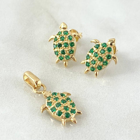 Set Tortuga - Topos 1.4cm - Dije 2.2cm 4.5gr - Circones Verdes  Nac.Esp. Oro 18K ©