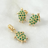 Set Tortuga - Topos 1.4cm - Dije 2.2cm 4.5gr - Circones Verdes  Nac.Esp. Oro 18K ©