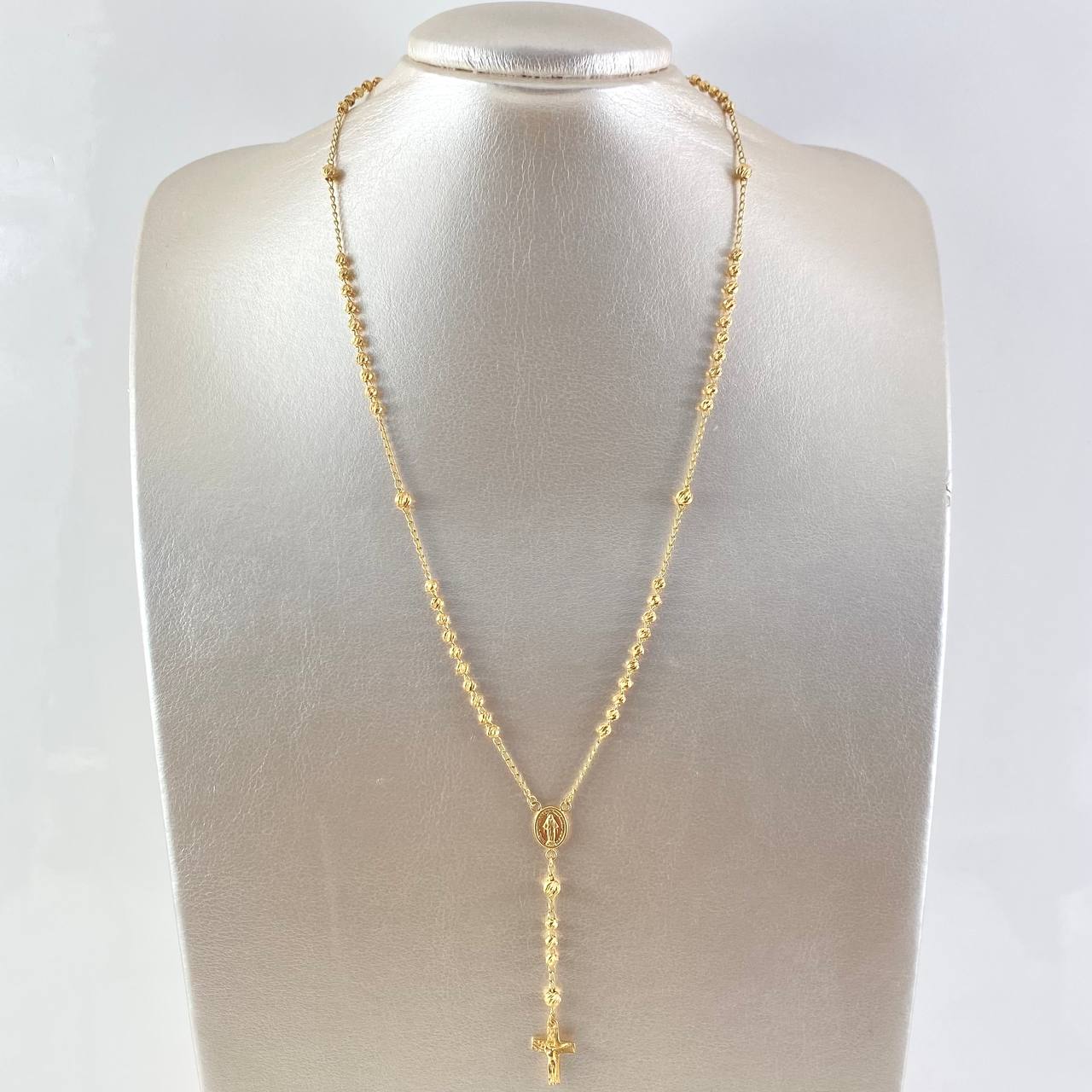 Rosario Virgen Milagrosa Cruz Cristo 8.3gr / 65cm / 4mm-3mm Bolas Diamantadas Oro Amarillo 18K ©