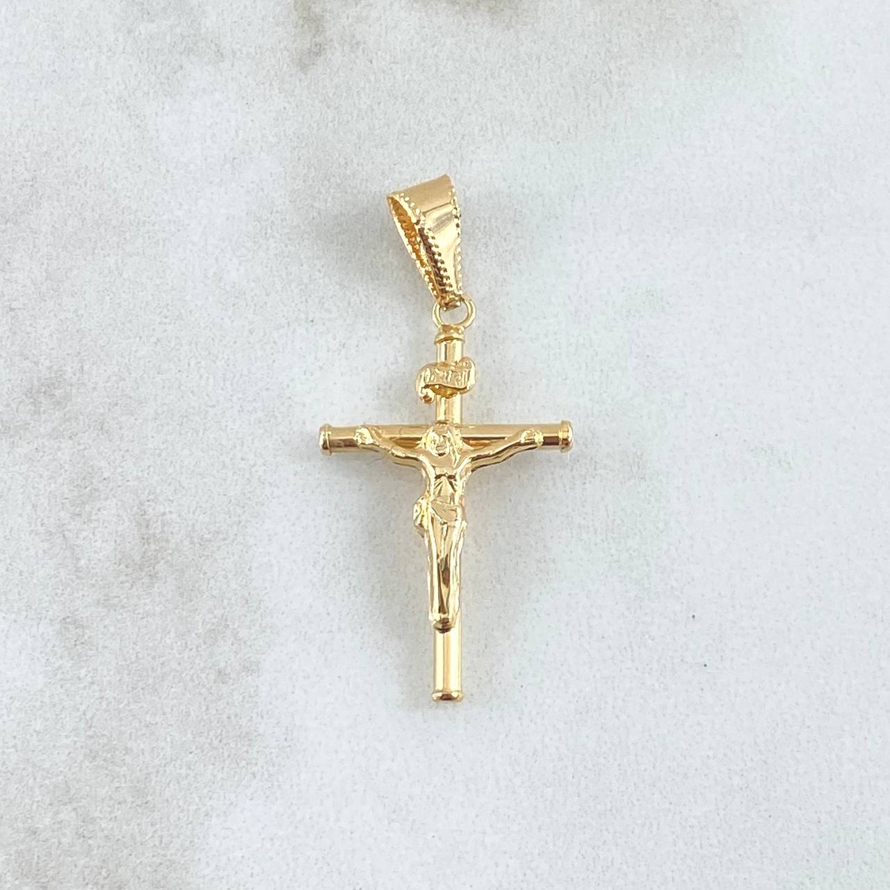 Dije Cristo Cruz Bastón 1.6gr / 3.9cm / Lisa Cargador Bordeado Oro Amarillo 18K