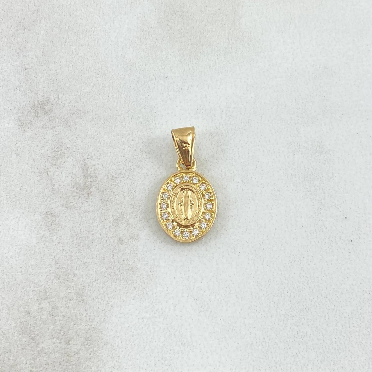 Dije Virgen Milagrosa Doble Marco Ovalo 0.85gr / 1.7cm / Circones Blancos Cargador Liso Oro Amarillo 18K *