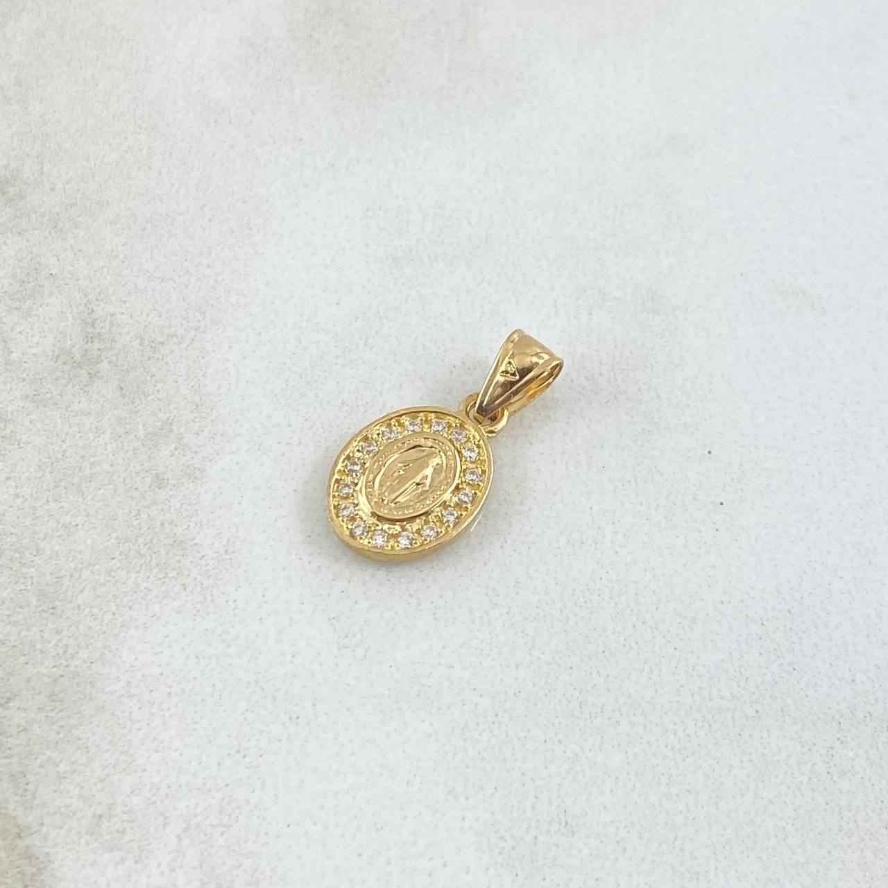 Dije Virgen Milagrosa Doble Marco Ovalo 0.85gr / 1.7cm / Circones Blancos Cargador Liso Oro Amarillo 18K *