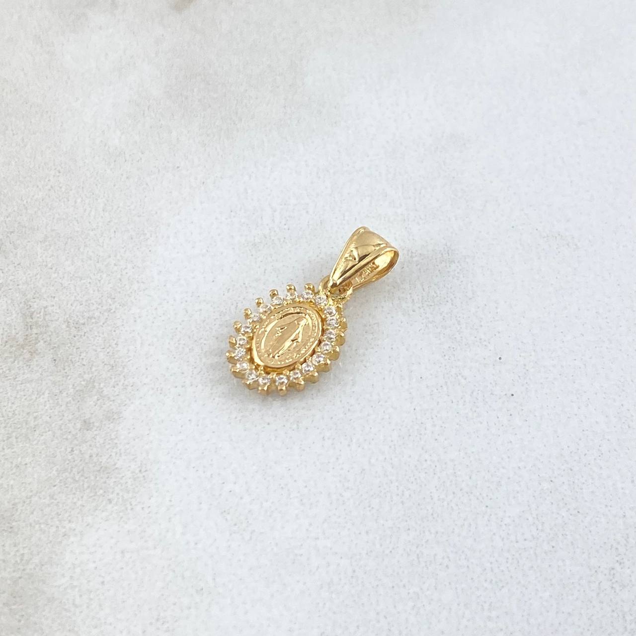 Dije Virgen Milagrosa 0.7gr / 1.6cm / Circones Blancos Cargador Liso Oro Amarillo 18K *