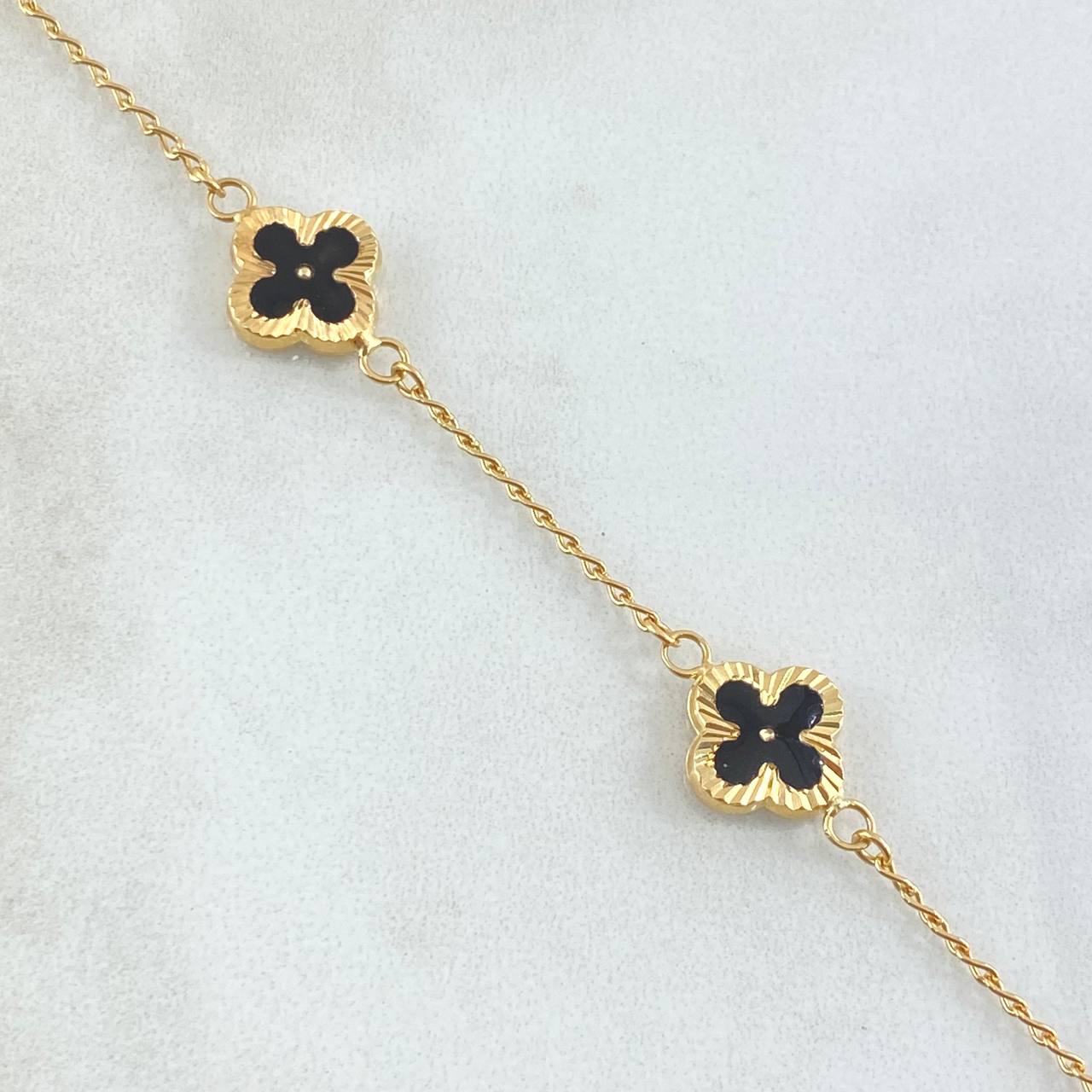 Pulso Espiga Flor Trébol Diamantado 3.25gr / 17.5cm / 1.4mm Resina Negra 4und Oro Amarillo 18K