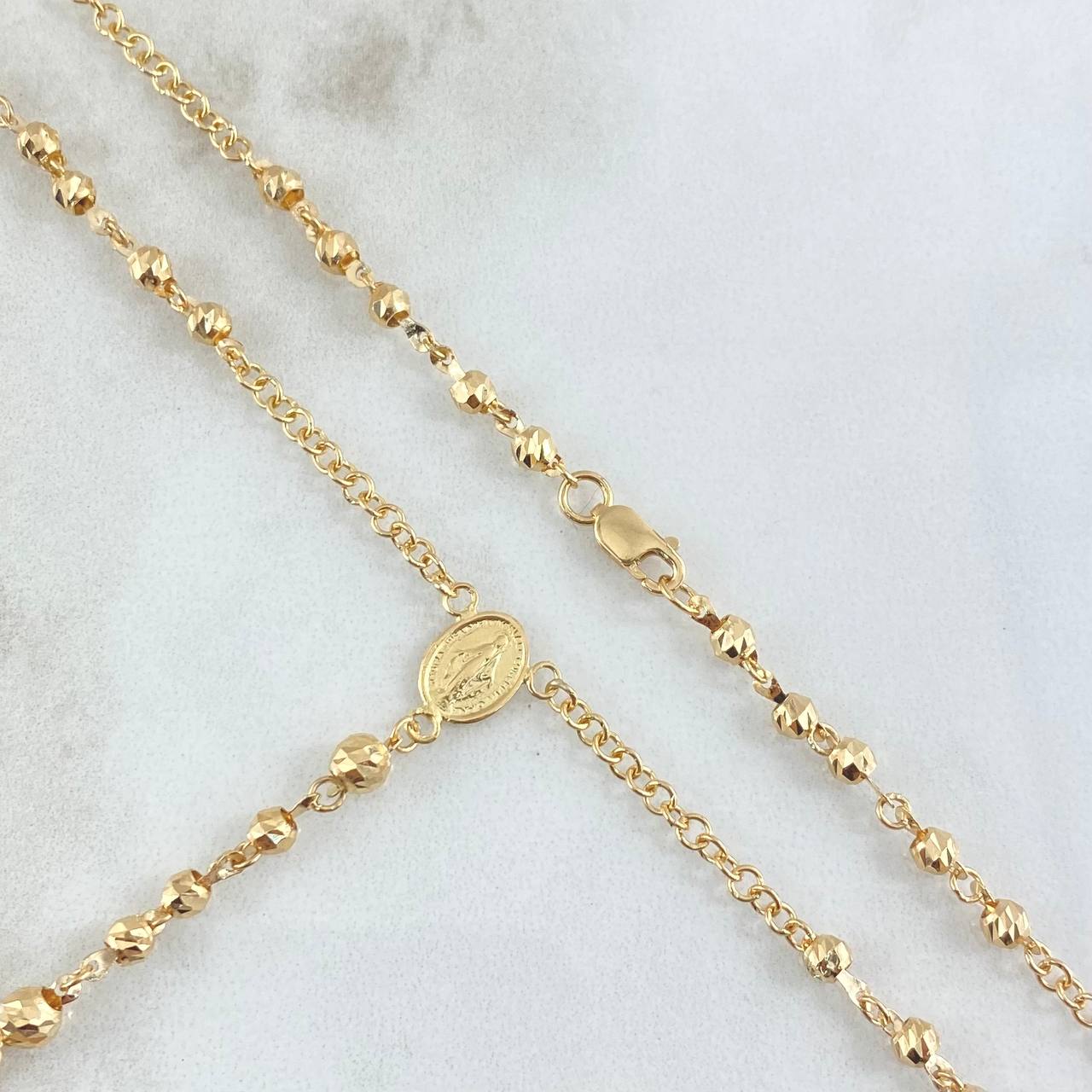 Rosario Virgen Milagrosa Cruz Marco 8.9gr / 60cm / 3mm-4mm Bolas Diamantadas Oro Amarillo 18K *