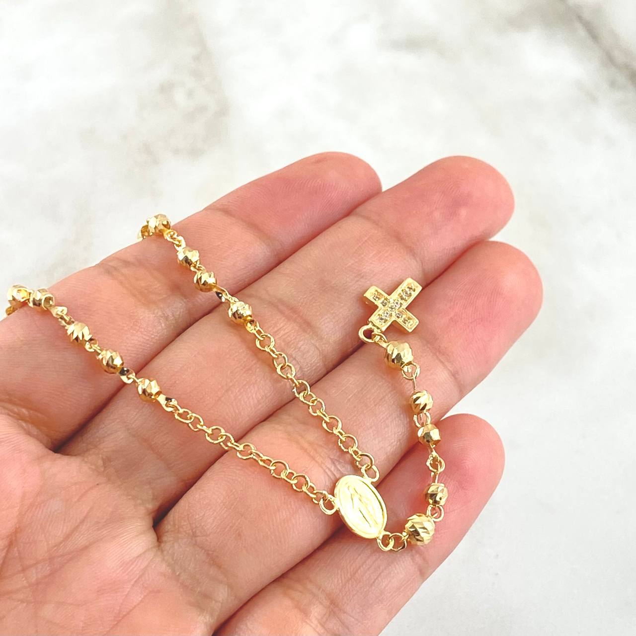 Rosario Virgen Milagrosa Cruz Marco 8.9gr / 60cm / 3mm-4mm Bolas Diamantadas Oro Amarillo 18K *