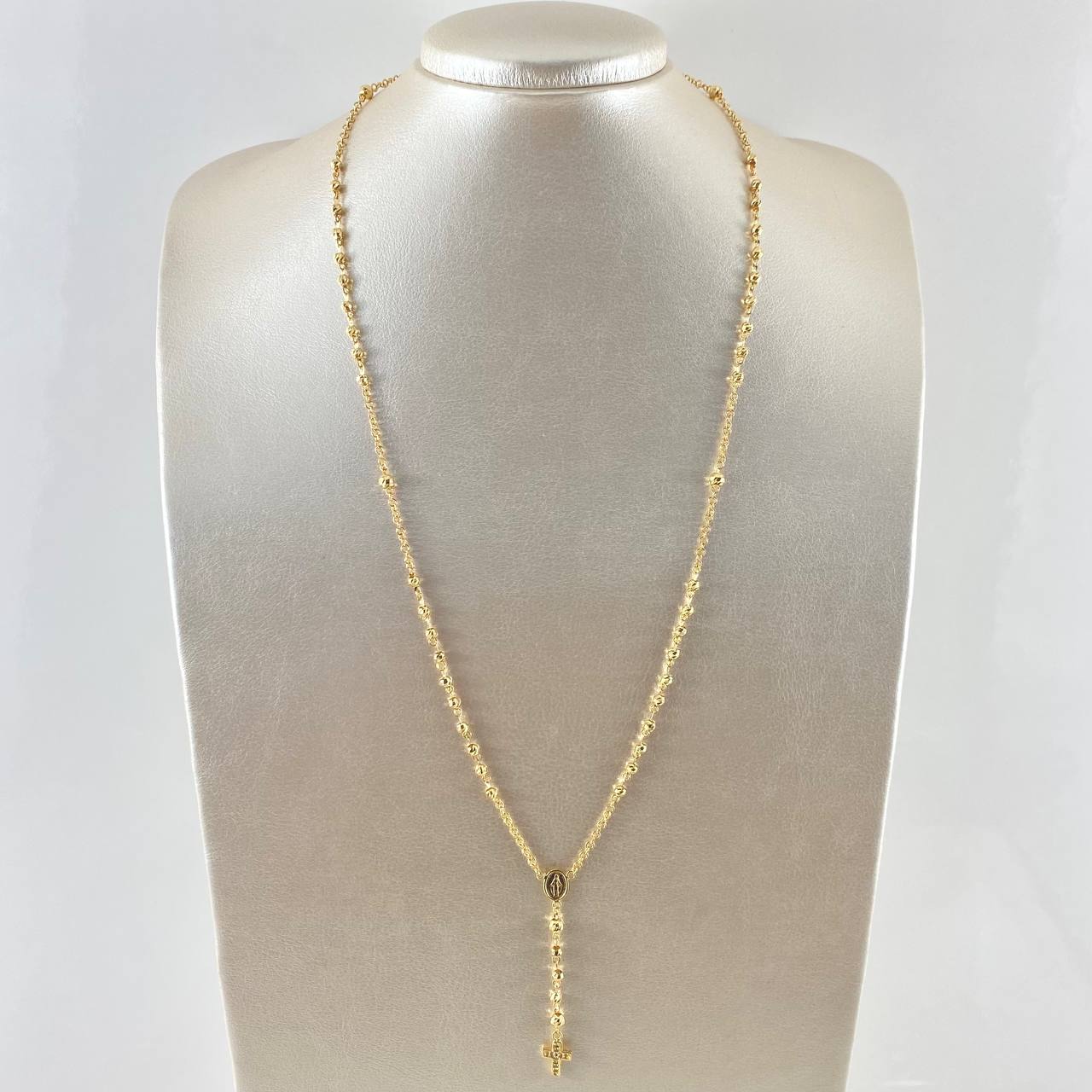 Rosario Virgen Milagrosa Cruz Marco 8.9gr / 60cm / 3mm-4mm Bolas Diamantadas Oro Amarillo 18K *