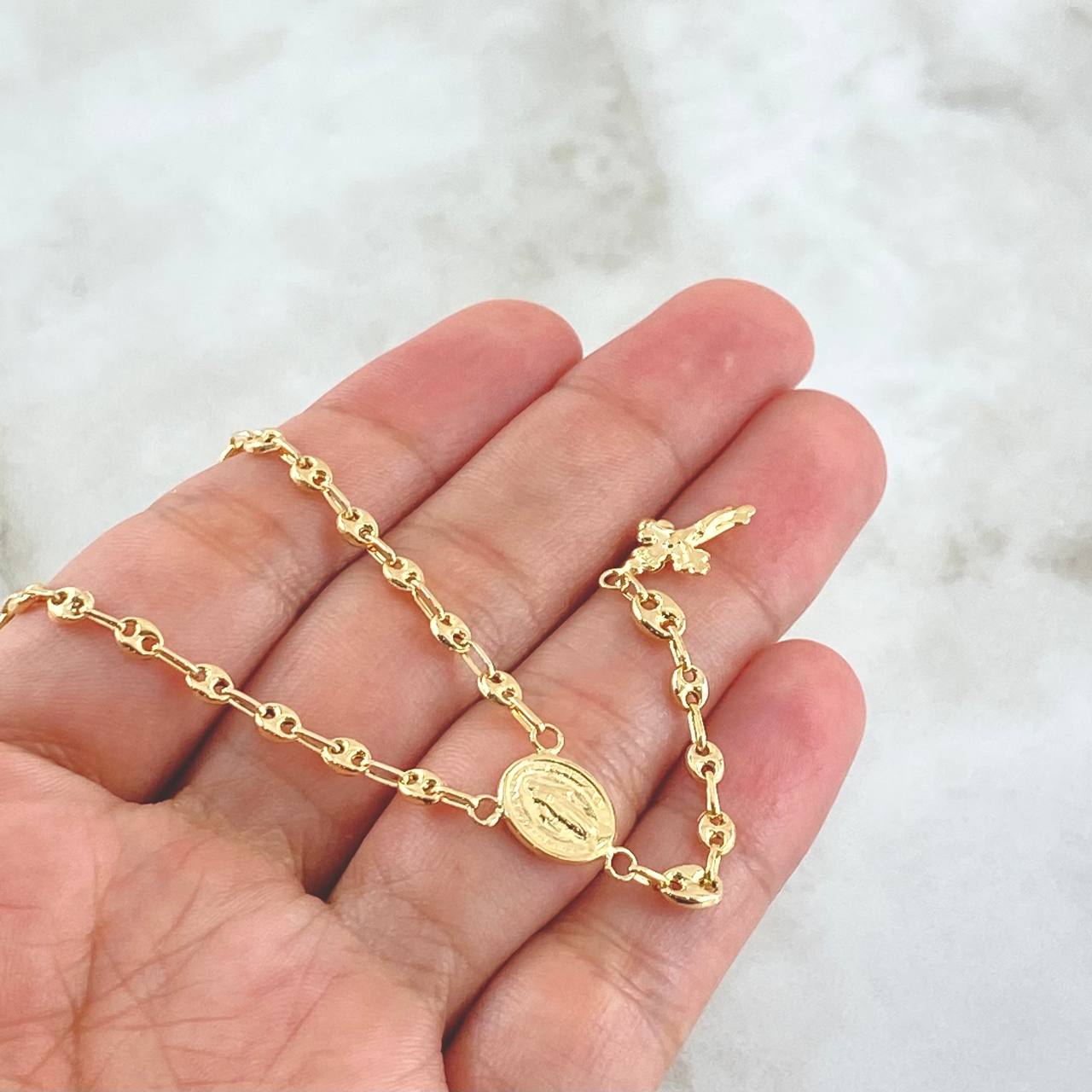 Rosario GC Virgen Milagrosa Crúz Cristo Tres Puntas 5.75gr / 55cm / 3mm-4mm Liso Oro Amarillo 18K