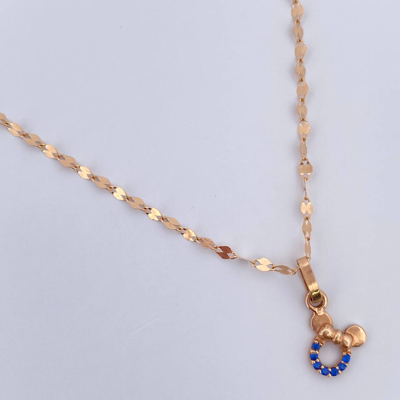 Set Cadena Flor Espejo /1.0gr/50cm/1.4mm + Dije Raton/0.4gr/1.5cm Circon Azul  Oro 18K (Oferta) &