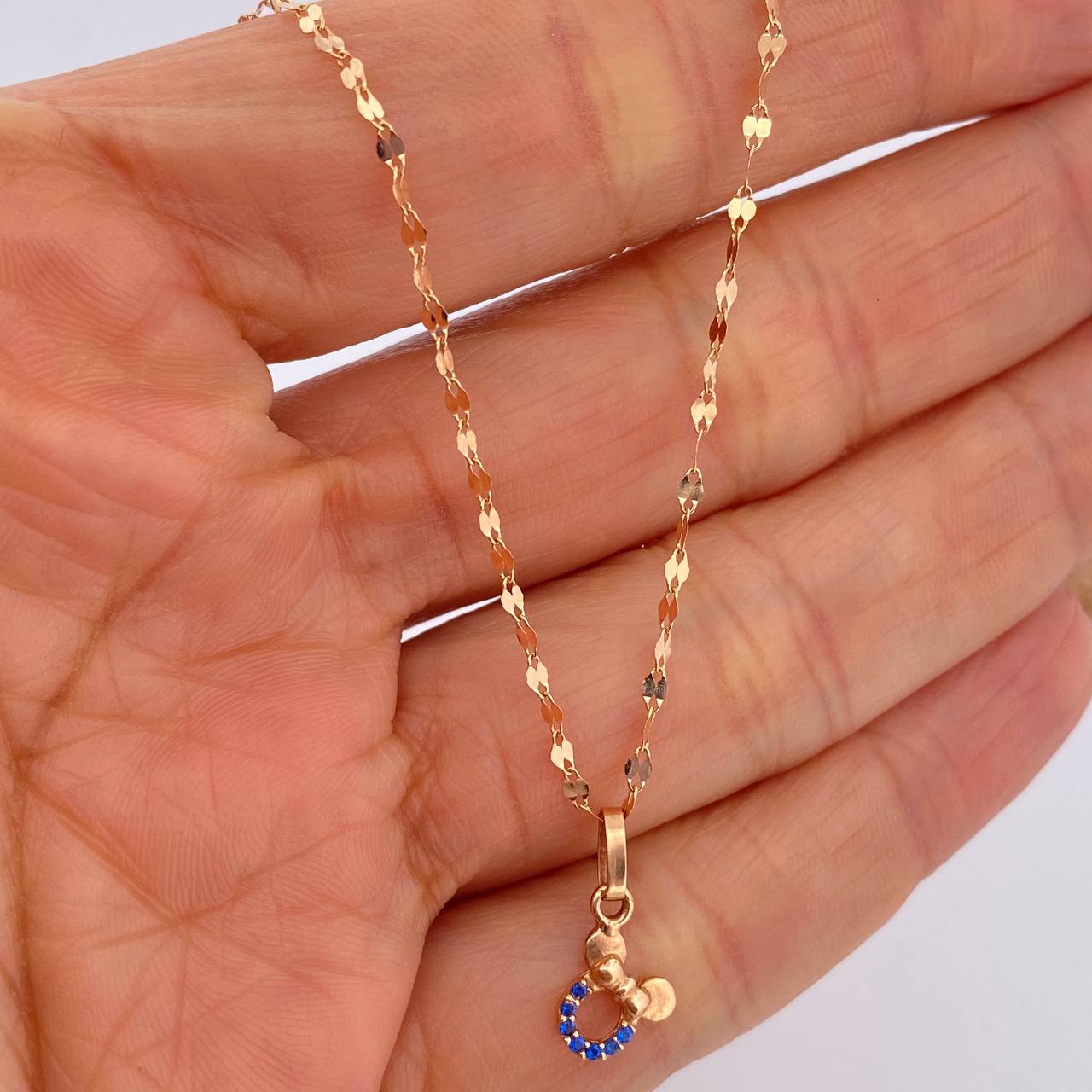 Set Cadena Flor Espejo /1.0gr/50cm/1.4mm + Dije Raton/0.4gr/1.5cm Circon Azul  Oro 18K (Oferta) &