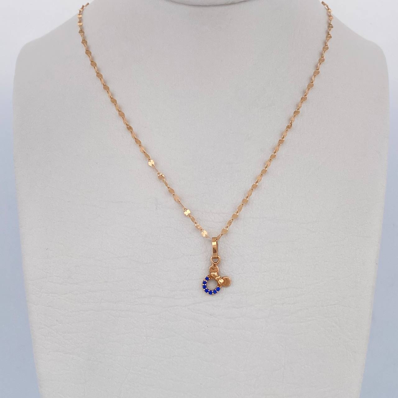 Set Cadena Flor Espejo /1.0gr/50cm/1.4mm + Dije Raton/0.4gr/1.5cm Circon Azul  Oro 18K (Oferta) &