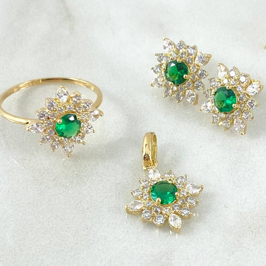 Set Flor Estrellada - Topos 1.2cm - Dije 2.1cm - Anillo T7 6.15 - Circones Blancos Verde Nac.Esp. Oro 18K ©