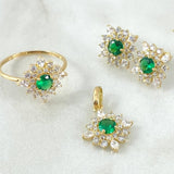 Set Flor Estrellada - Topos 1.2cm - Dije 2.1cm - Anillo T7 6.15 - Circones Blancos Verde Nac.Esp. Oro 18K ©