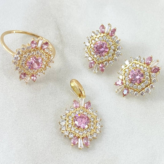 Set Nevada Hexagonal - Topos 1.7cm - Dije 2.5cm - Anillo T6 7.9 Circones Blancos Rosa Nac.Esp. Oro 18K ©
