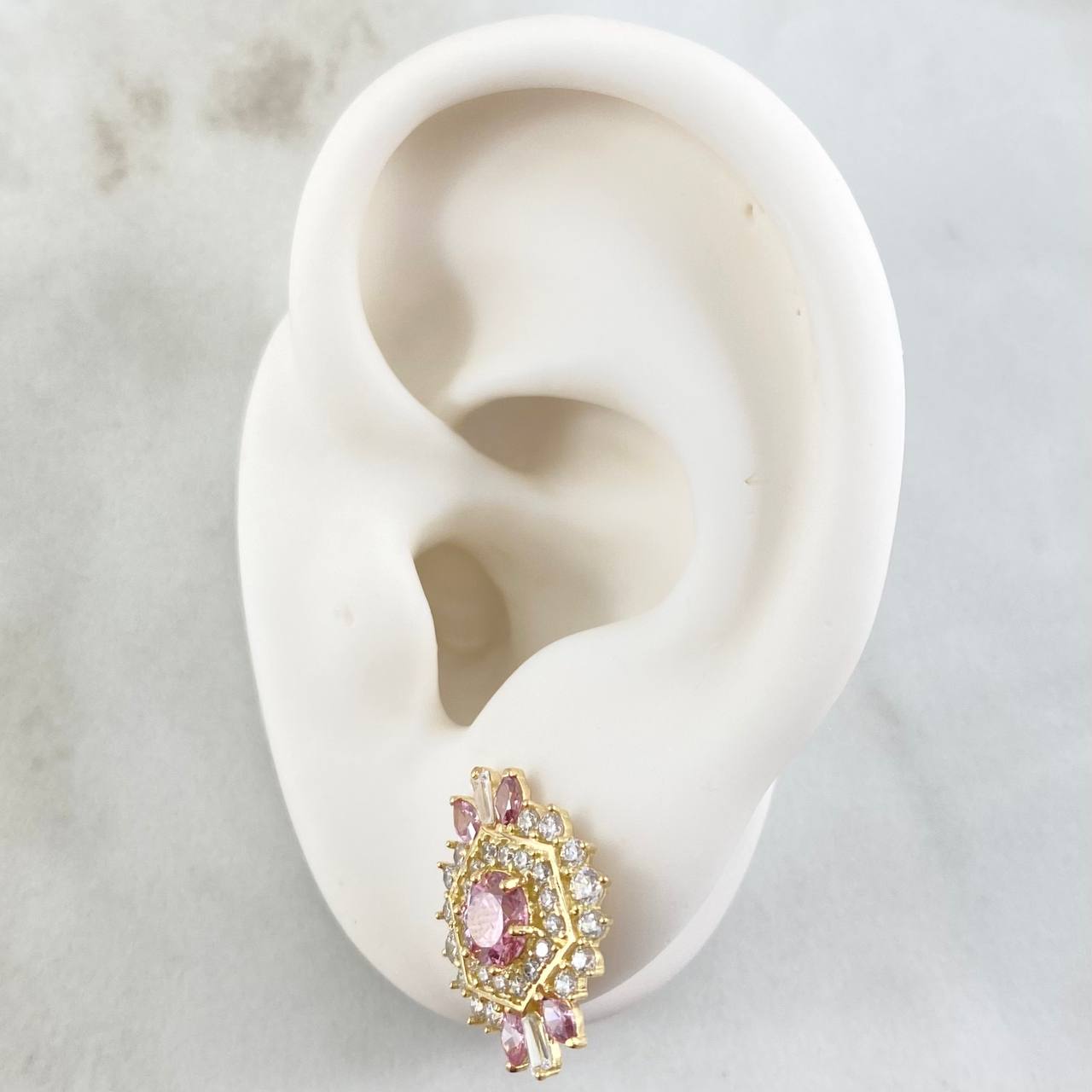 Set Nevada Hexagonal - Topos 1.7cm - Dije 2.5cm - Anillo T6 7.9 Circones Blancos Rosa Nac.Esp. Oro 18K ©