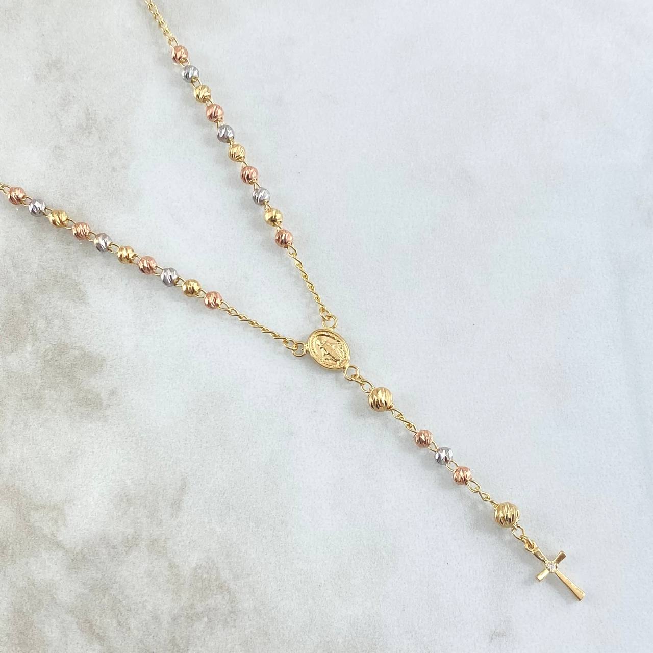 Rosario Virgen Milagrosa Crúz Lisa 7.45gr / 50cm / 3mm-4mm Bolas Diamantadas Circon Blanco Tres Oros 18K