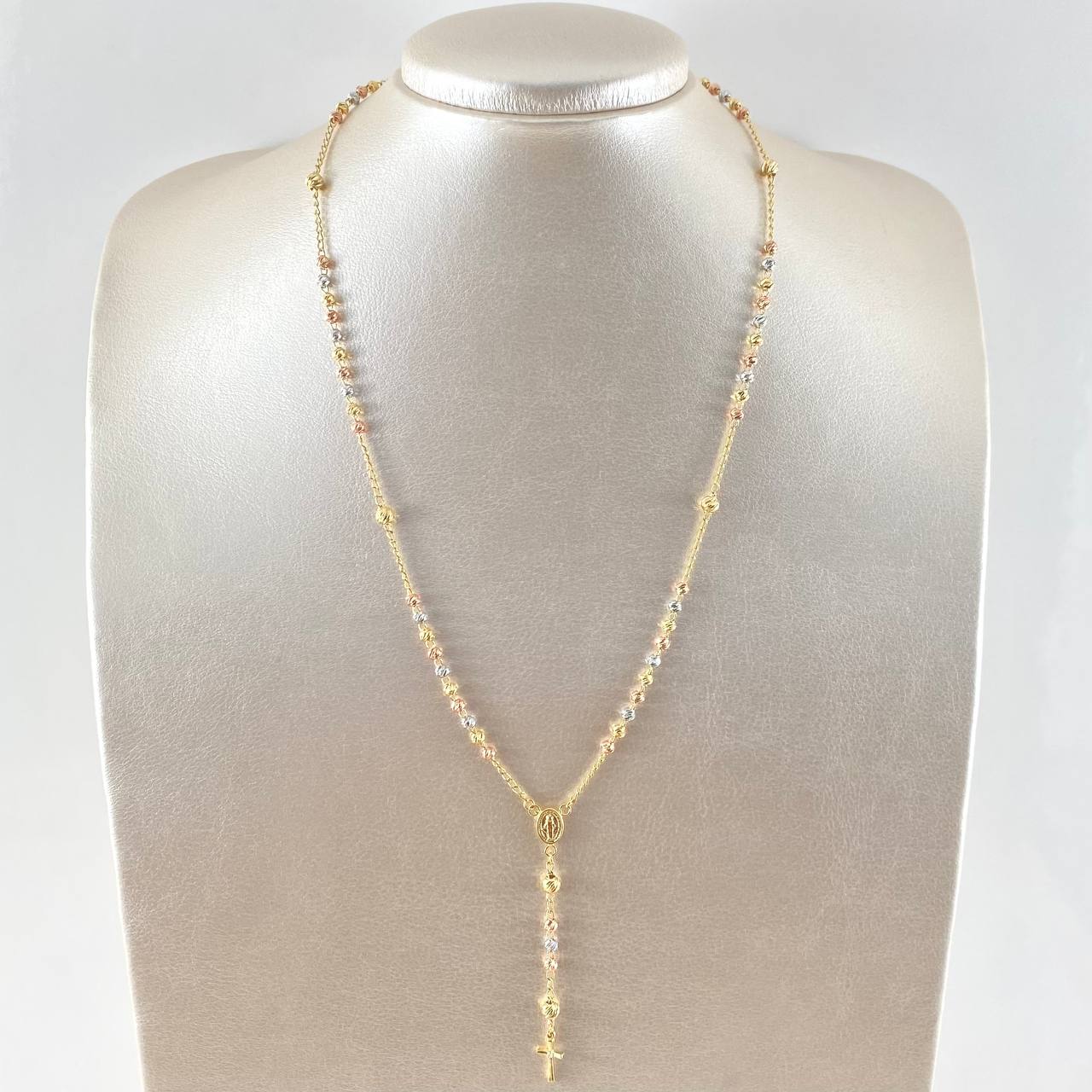 Rosario Virgen Milagrosa Crúz Lisa 7.45gr / 50cm / 3mm-4mm Bolas Diamantadas Circon Blanco Tres Oros 18K