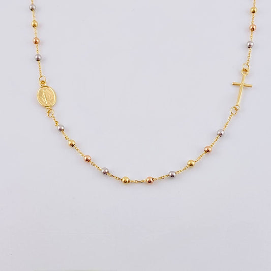 Cadena Denario Virgen Milagrosa Y Cruz Lisa 2.9 g / 45 cm Tres Oros 18K