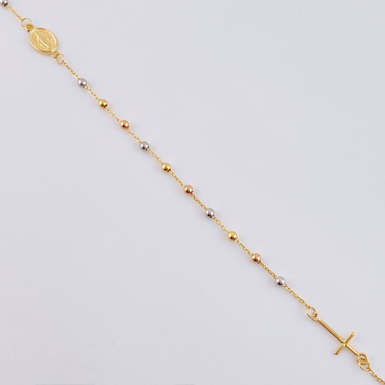Cadena Denario Virgen Milagrosa Y Cruz Lisa 2.9 g / 45 cm Tres Oros 18K