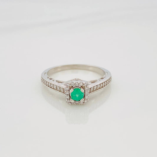 Anillo Halo Cuadrado Esmeralda 26 Pts 2.45 g / T7 1/4 Plata 925