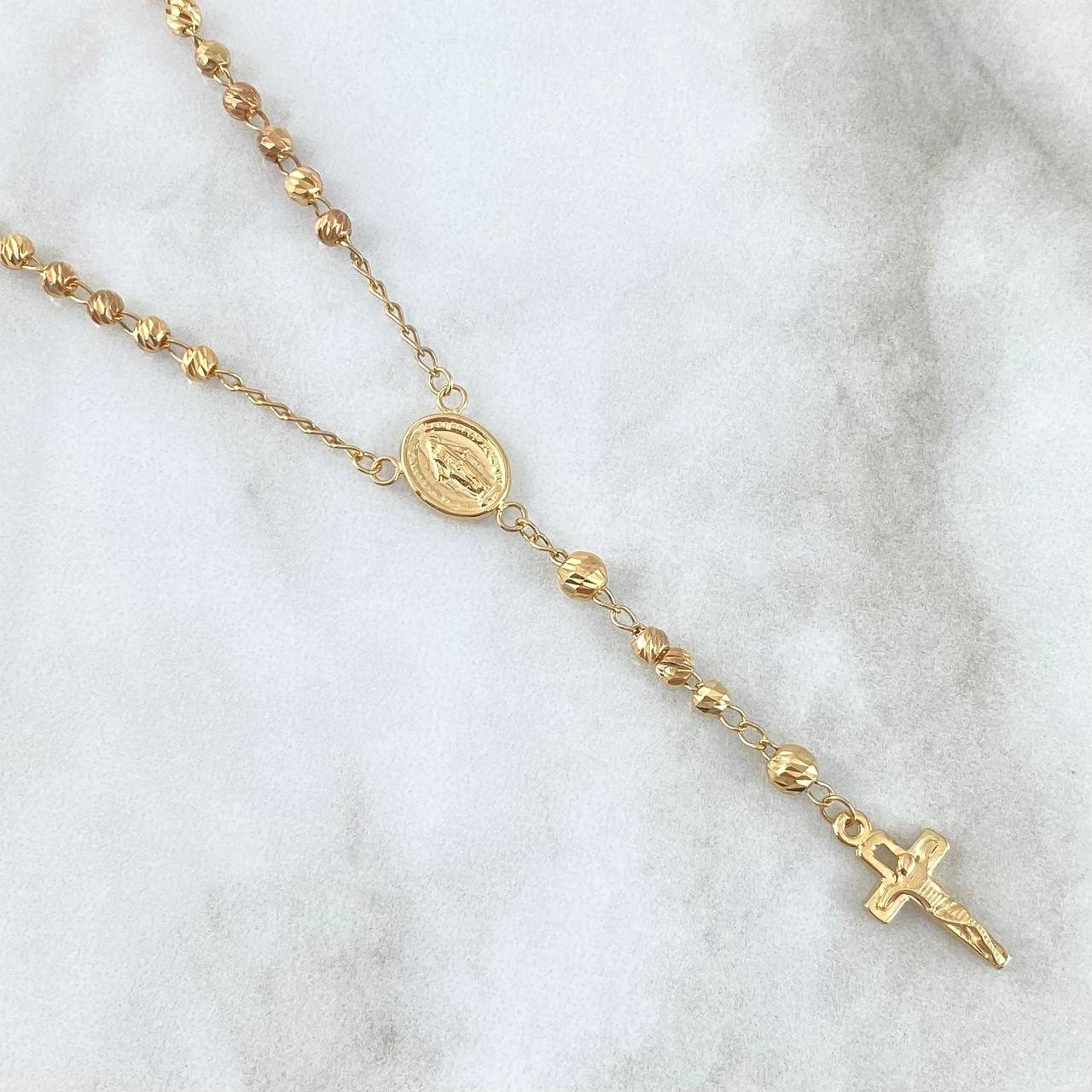 Rosario Virgen Milagrosa 8.6gr / 60cm / 3mm Bolas Diamantadas - Cruz Cristo Rayado Oro Amarillo 18K