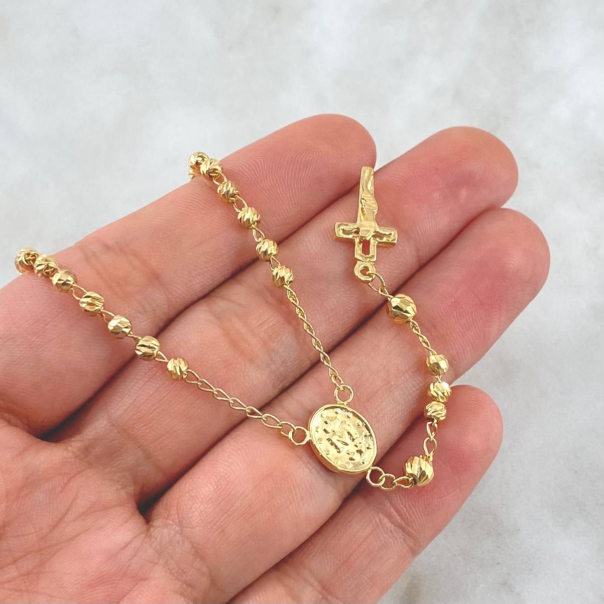 Rosario Virgen Milagrosa 8.6gr / 60cm / 3mm Bolas Diamantadas - Cruz Cristo Rayado Oro Amarillo 18K