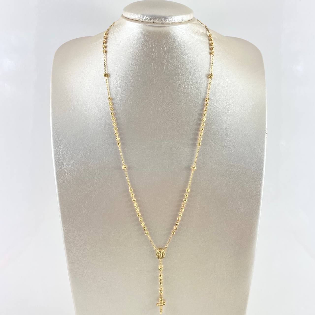 Rosario Virgen Milagrosa 8.6gr / 60cm / 3mm Bolas Diamantadas - Cruz Cristo Rayado Oro Amarillo 18K