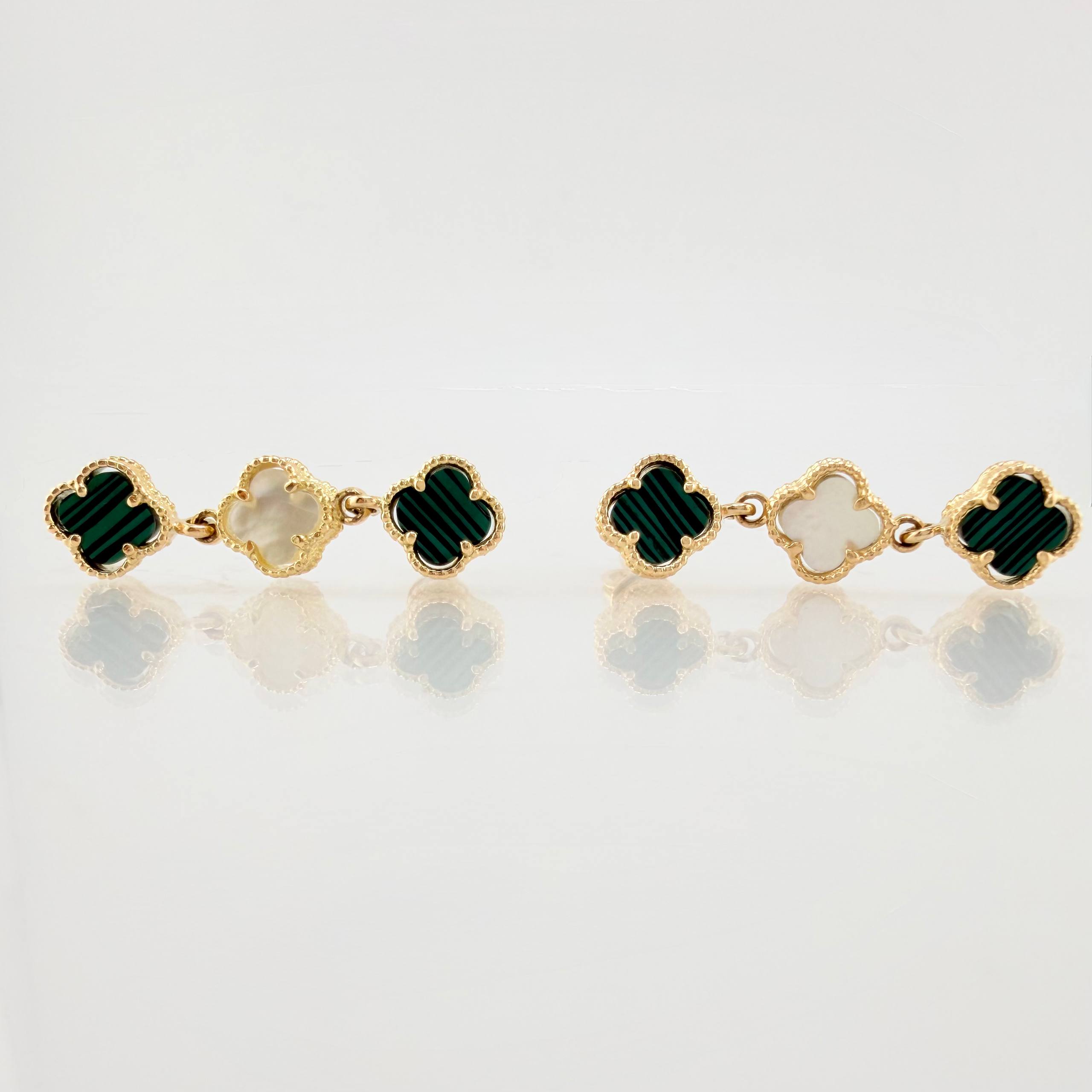 Topos Trebol Trio Malaquita Verde Nacar Blanco 4.9gr / 3cm / Oro Amarillo Nac.Esp. 18K