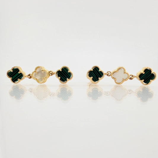 Topos Trebol Trio Malaquita Verde Nacar Blanco 4.9gr / 3cm / Oro Amarillo Nac.Esp. 18K