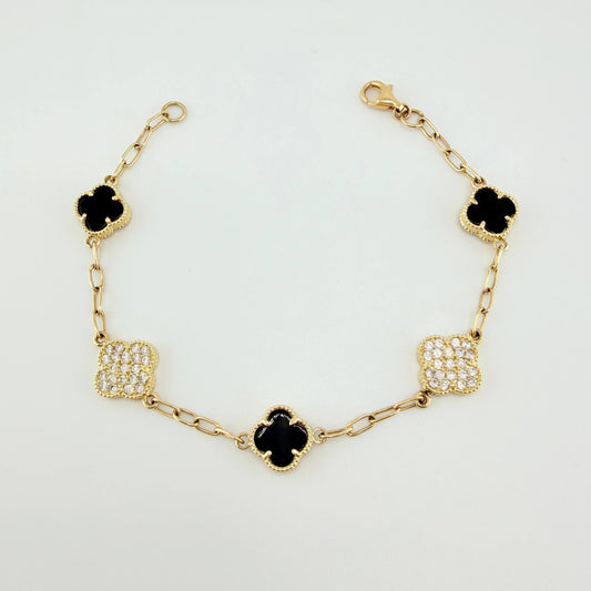 Pulso Trebol Onix Negro Circones Blancos 8gr / 17.5cm / 10.7mm Oro Amarillo Nac.Esp. 18K