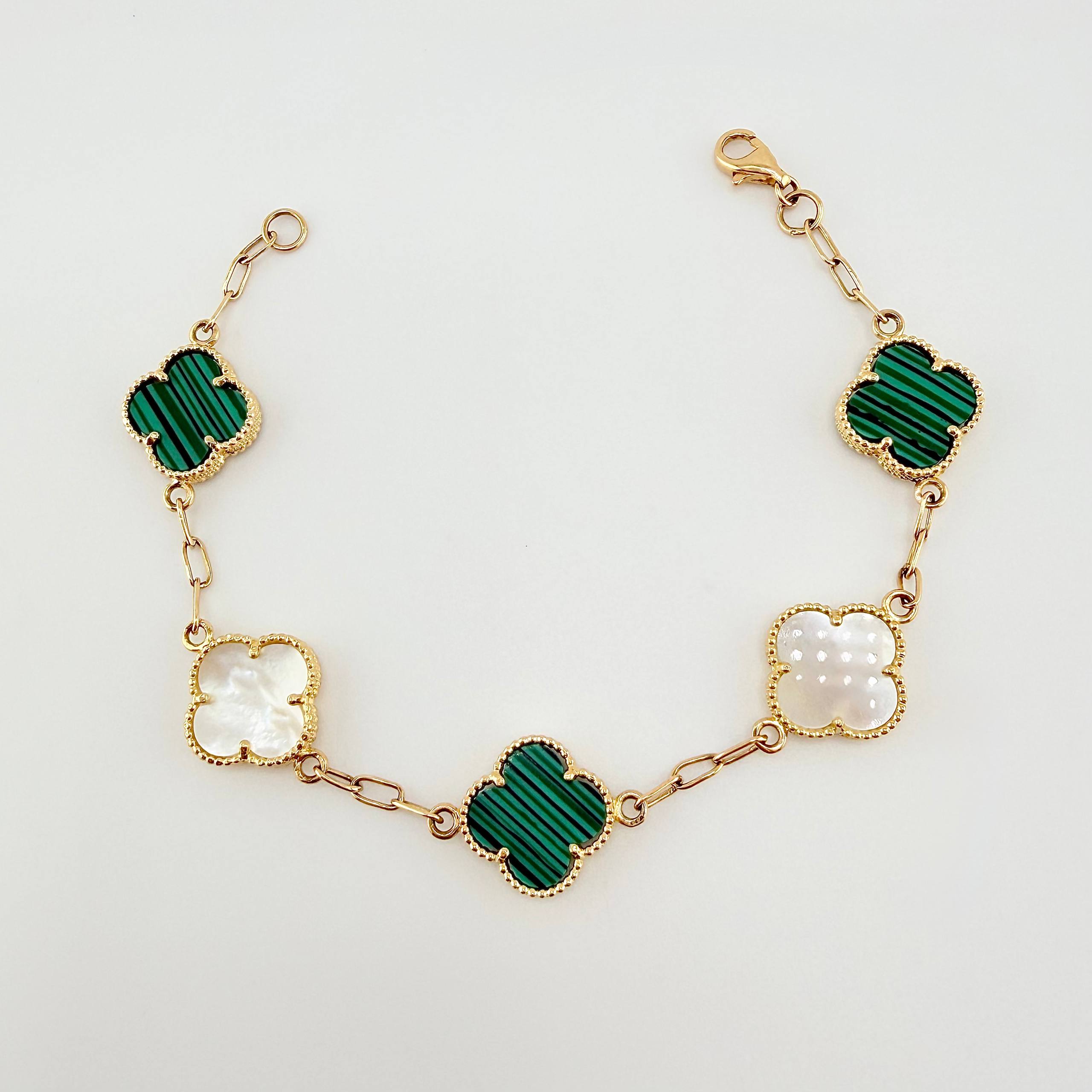 Pulso Trebol Nacar Blanco Malaquita Verde 9.05gr / 18cm / 13.8mm Oro Amarillo Nac.Esp. 18K