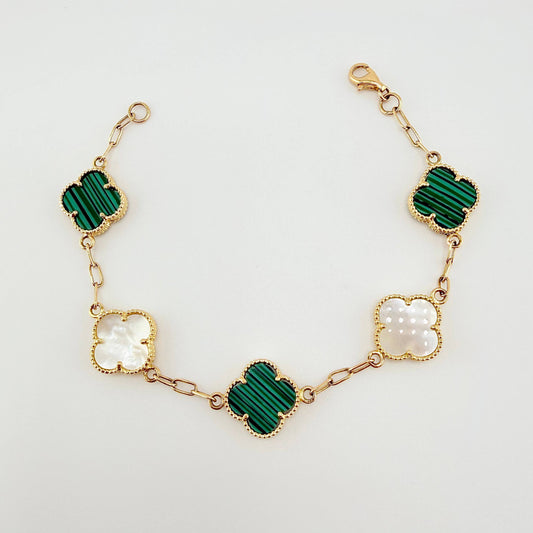 Pulso Trebol Nacar Blanco Malaquita Verde 9.05gr / 18cm / 13.8mm Oro Amarillo Nac.Esp. 18K