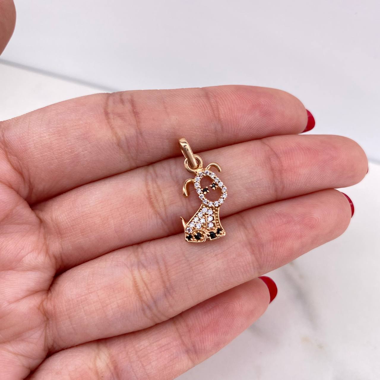 Dije Perro 1.55gr / 2.1cm / Circones Negros Blancos Oro Rosa 18K #