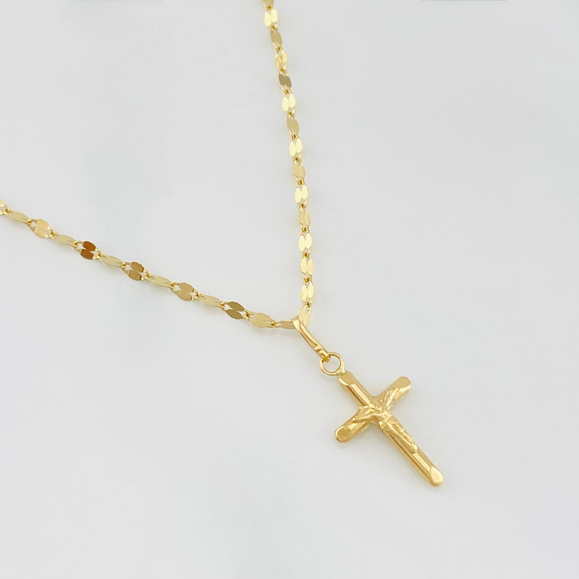 Set Cadena Flor Espejo + Dije Cruz Cristo / 1.35 g / 40 cm Oro Amarillo 18K