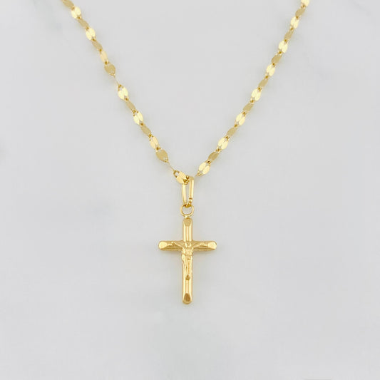 Set Cadena Flor Espejo + Dije Cruz Cristo / 1.35 g / 40 cm Oro Amarillo 18K