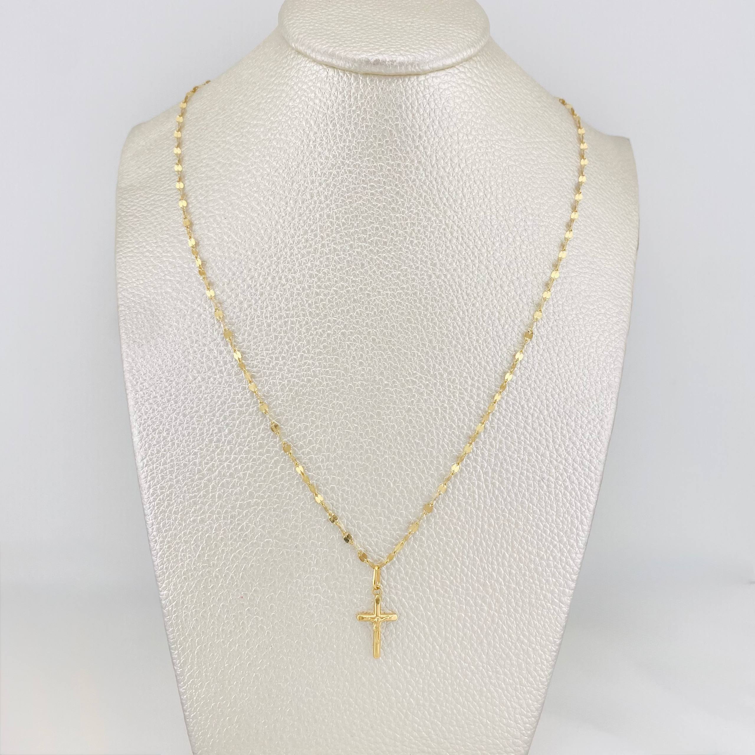 Set Cadena Flor Espejo + Dije Cruz Cristo / 1.35 g / 40 cm Oro Amarillo 18K