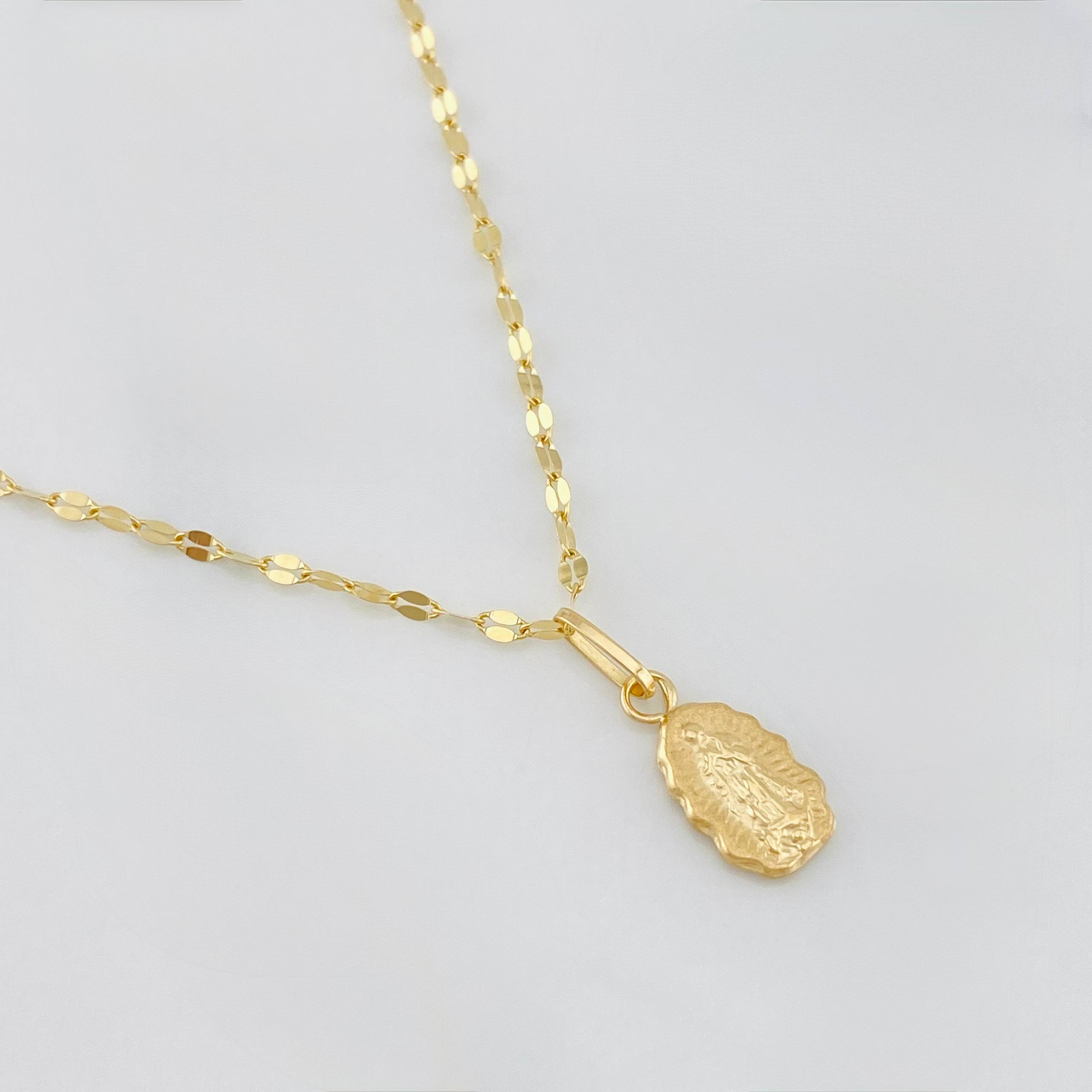 Set Cadena Flor Espejo + Dije Virgen de Guadalupe / 1.45g / 40cm Oro Amarillo 18K