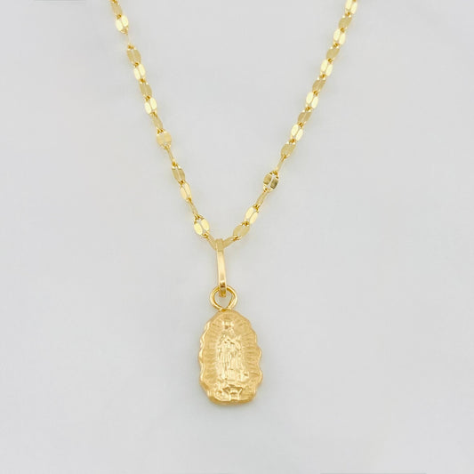 Set Cadena Flor Espejo + Dije Virgen Guadalupe / 1.65 g / 40 cm Oro Amarillo 18K