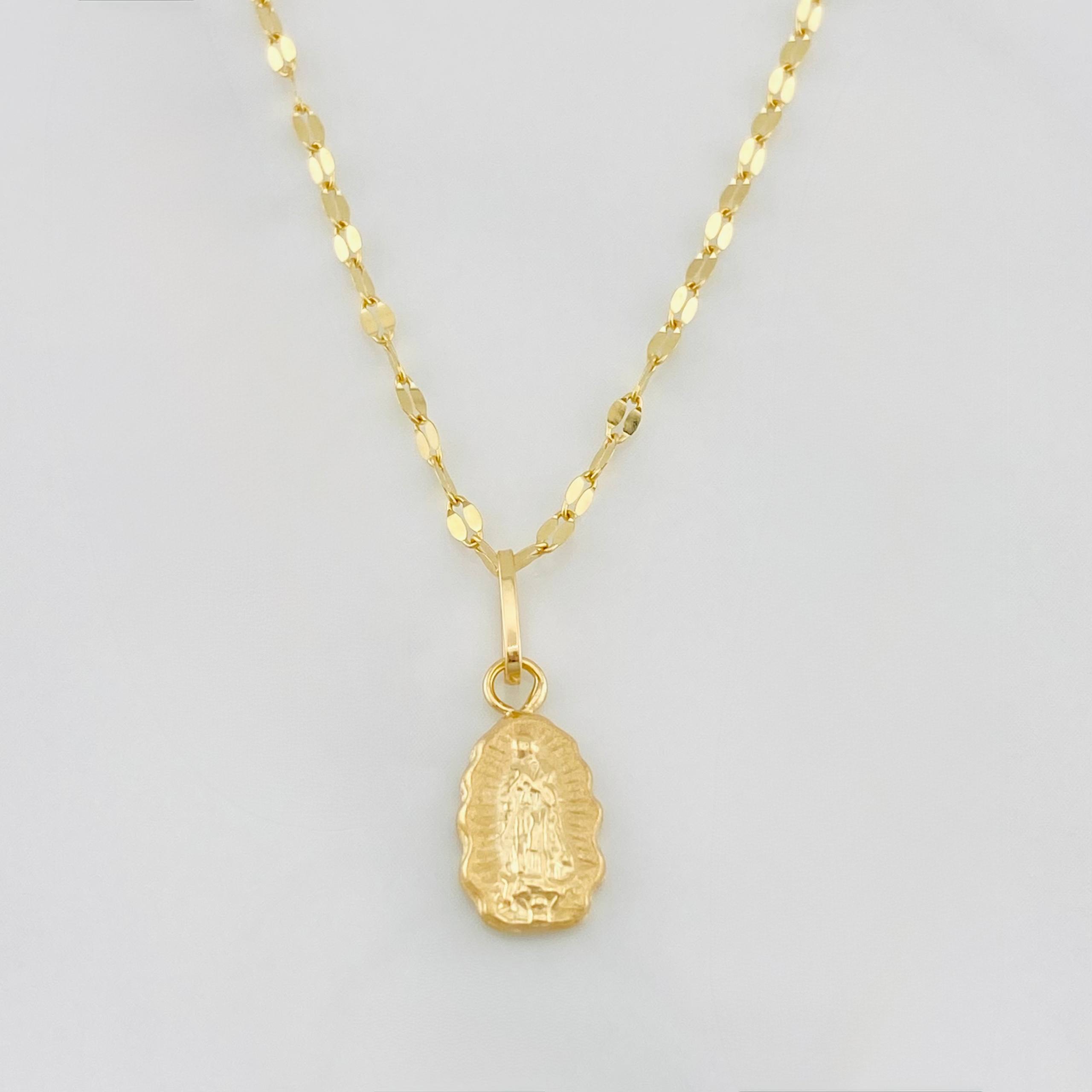 Set Cadena Flor Espejo + Dije Virgen de Guadalupe / 1.45g / 40cm Oro Amarillo 18K