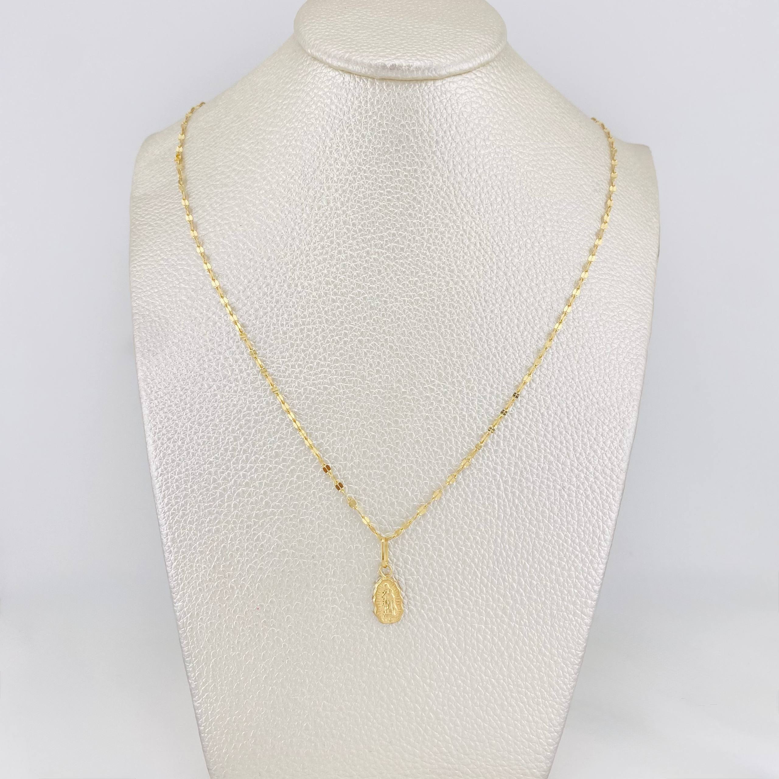 Set Cadena Flor Espejo + Dije Virgen de Guadalupe / 1.45g / 40cm Oro Amarillo 18K