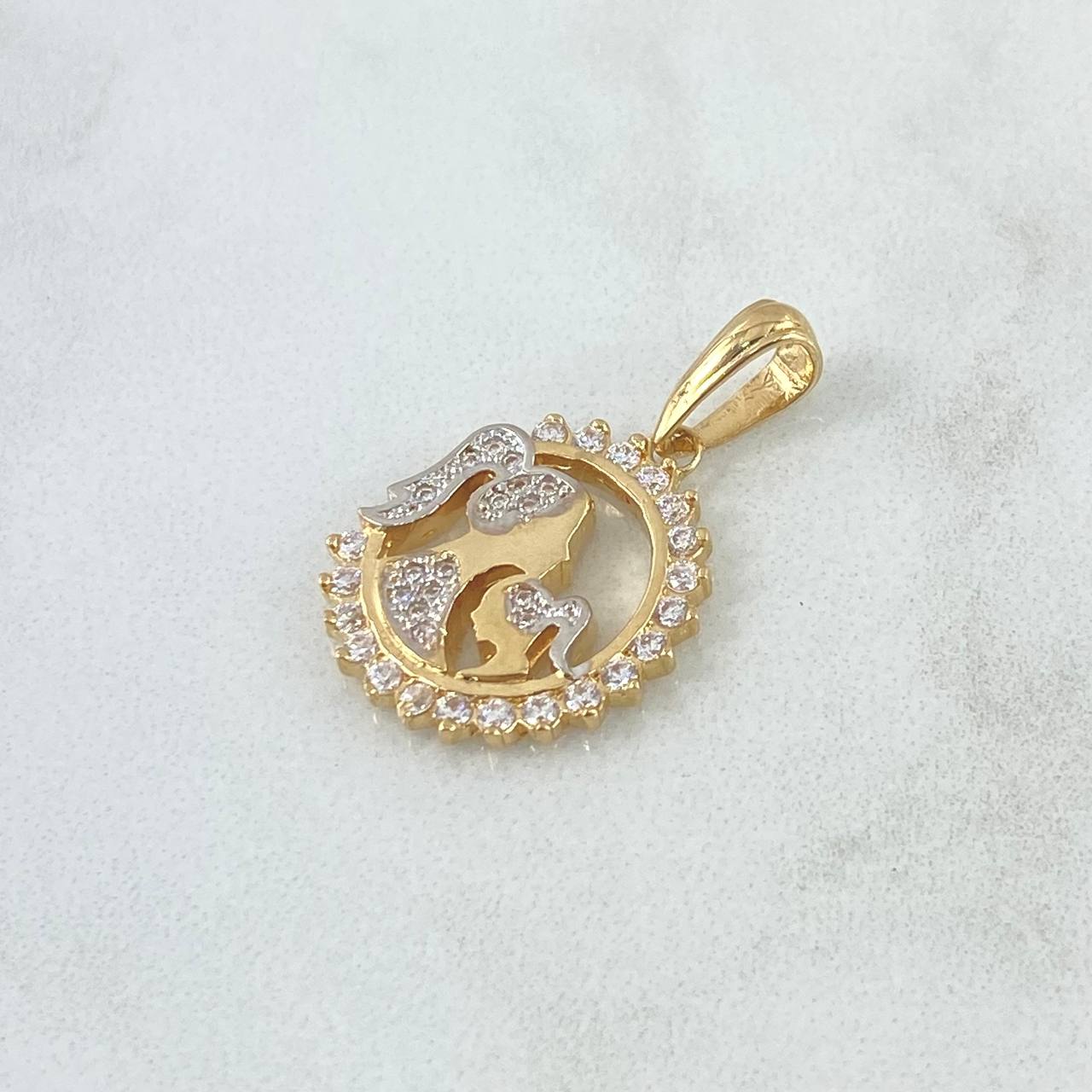Dije Medalla Madre E Hija 3.1gr / 2.7cm / Circones Blancos Oro Amarillo 18K *