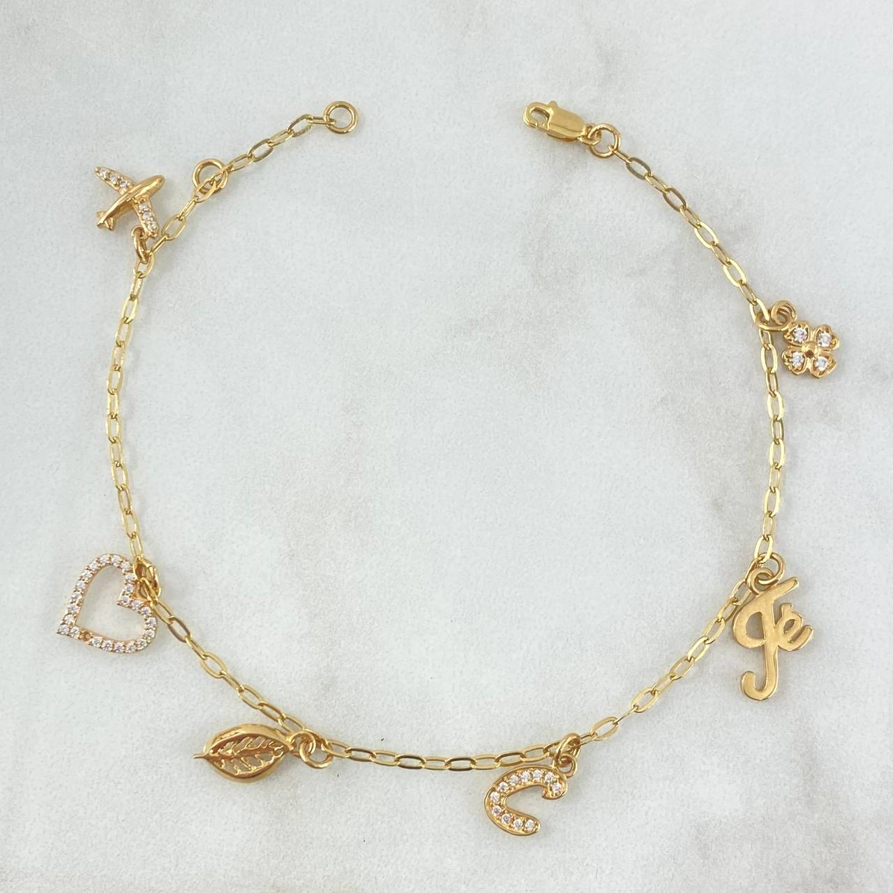 Pulso Cajón 4.5gr / 20.5cm / "Avión - Corazón - Hoja - Letra C - Fe - Trébol" Oro Amarillo 18K