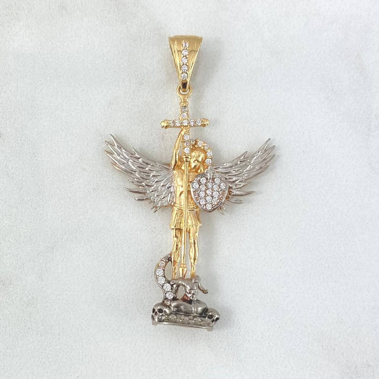 Dije San Miguel Arcangel 5.8gr / 4.8cm / Circones Blancos Dos Oros Amarillo Blanco 18K