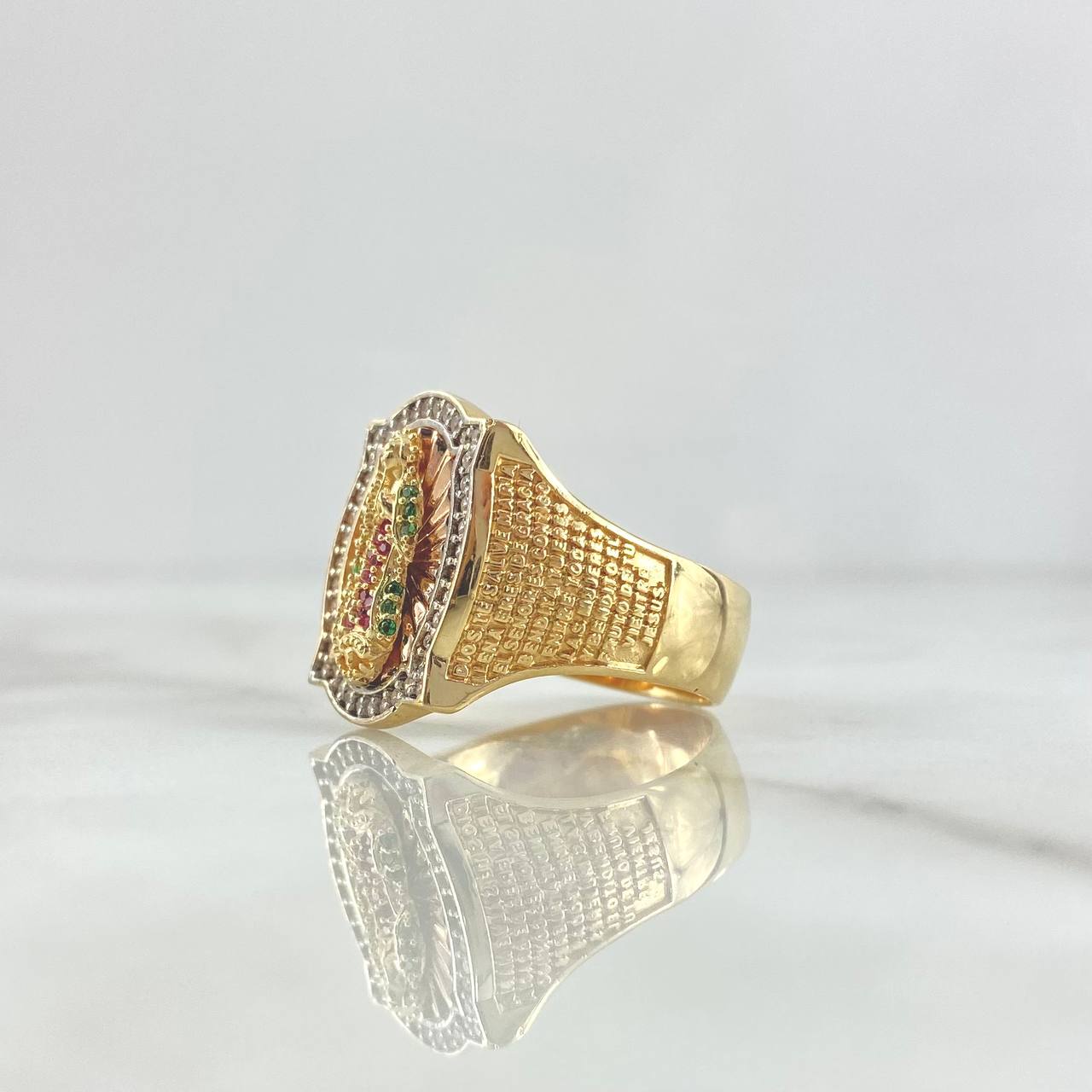Anillo Marco Virgen Guadalupe 10gr / T10 1/4 / Circones Fucsias Verdes Y Blancos Dos Oros Amarillo Rosa 18K  ©