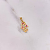 Dije Mano Hamsa 1.5gr / 2.4cm / Corazon Circones Fucsias Blancos Oro Amarillo 18K &