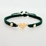 Pulsera Tejida Verde Corazón Bolas Diamantadas Oro Amarillo 18K