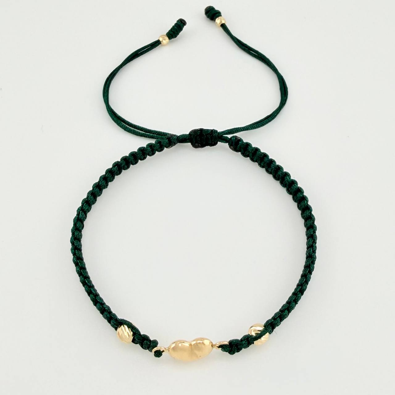 Pulsera Tejida Verde Corazón Bolas Diamantadas Oro Amarillo 18K
