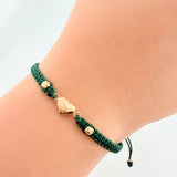 Pulsera Tejida Verde Corazón Bolas Diamantadas Oro Amarillo 18K